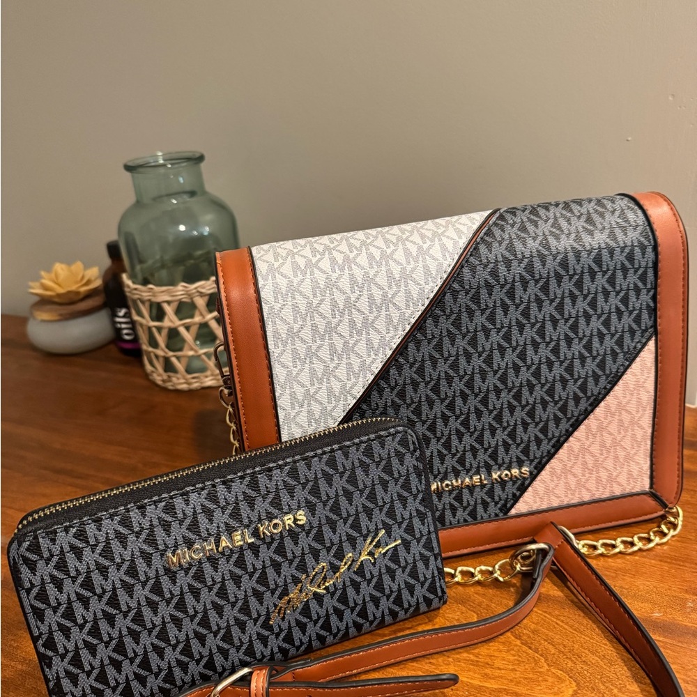 Michael Kors Colorblock Crossbody Bag and Zip Wallet in Black, White, Pink, Tan